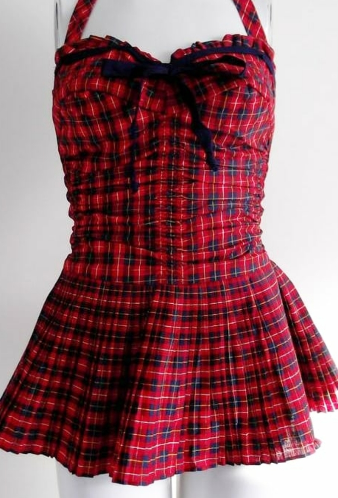 🎁 Vintage 50s pinup plaid swimsuit romper playsuit - Picture 2 of 3